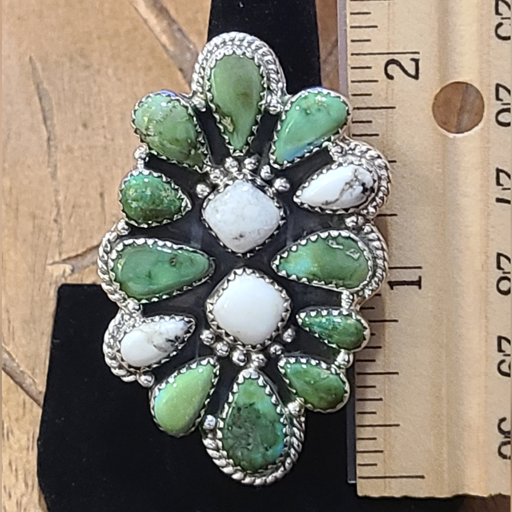 Sonoran Gold Turquoise & White Buffalo Large Statement Adjustable Ring Green - Picture 4 of 6